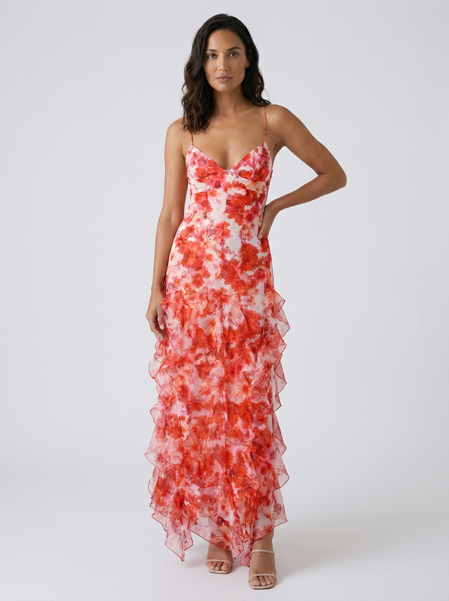 ODETTE | FLORAL RUFFLE MAXI DRESS - Coral