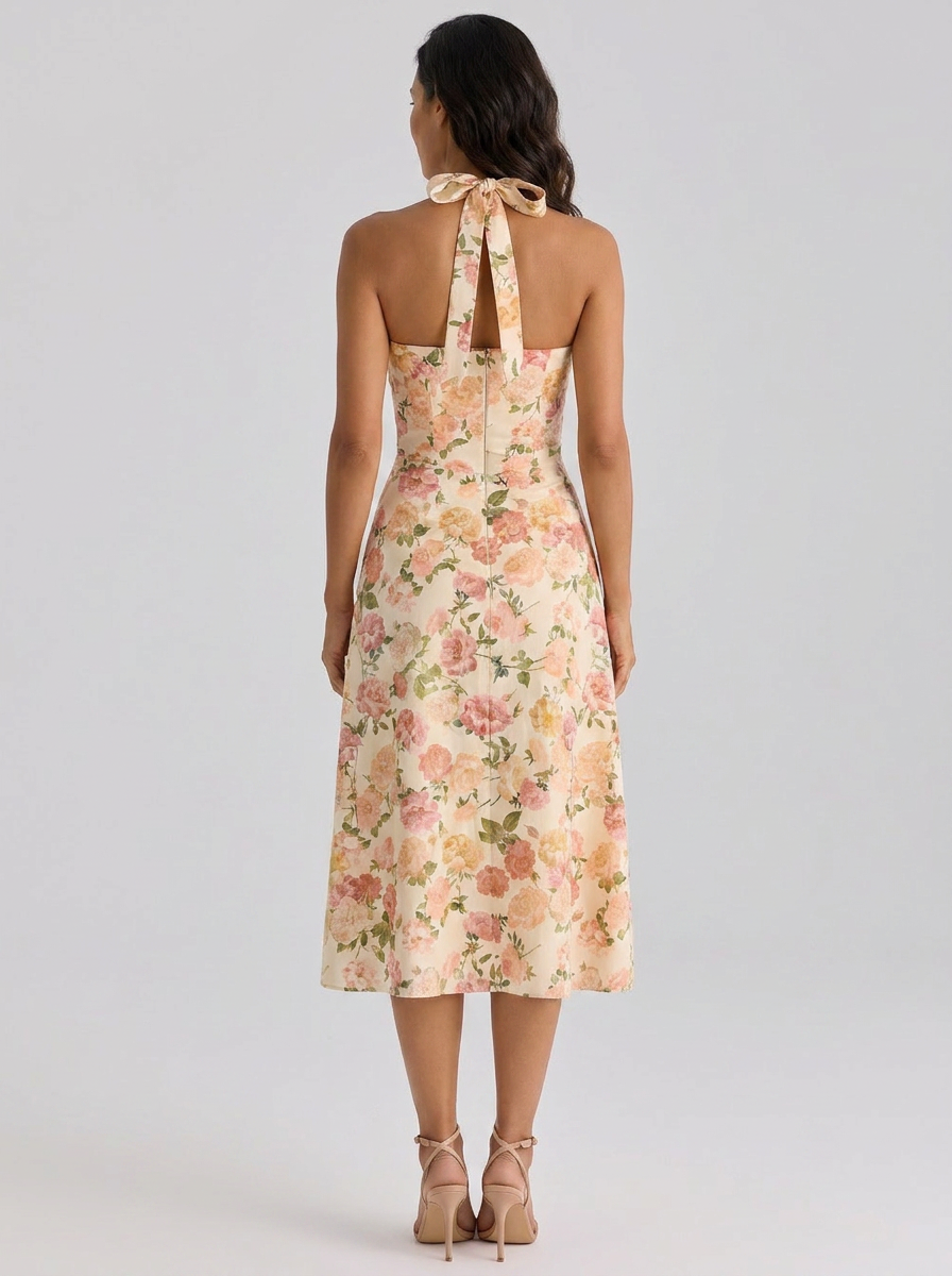 XIMENA | RUCHED HALTER MIDI DRESS