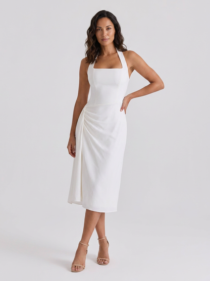 XIMENA | RUCHED HALTER MIDI DRESS - White