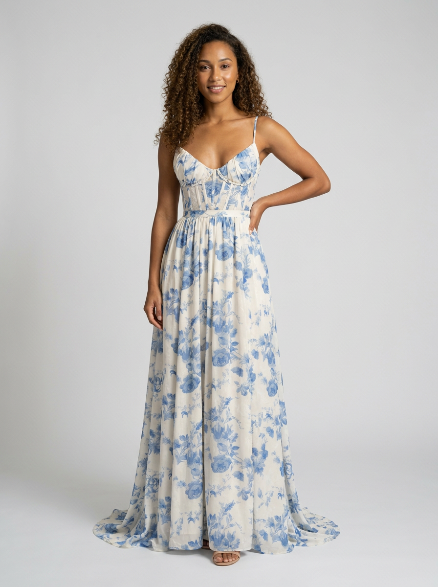 AURELIA | FLORAL BUSTIER MAXI DRESS - Blue Meadow