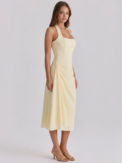 XIMENA | RUCHED HALTER MIDI DRESS