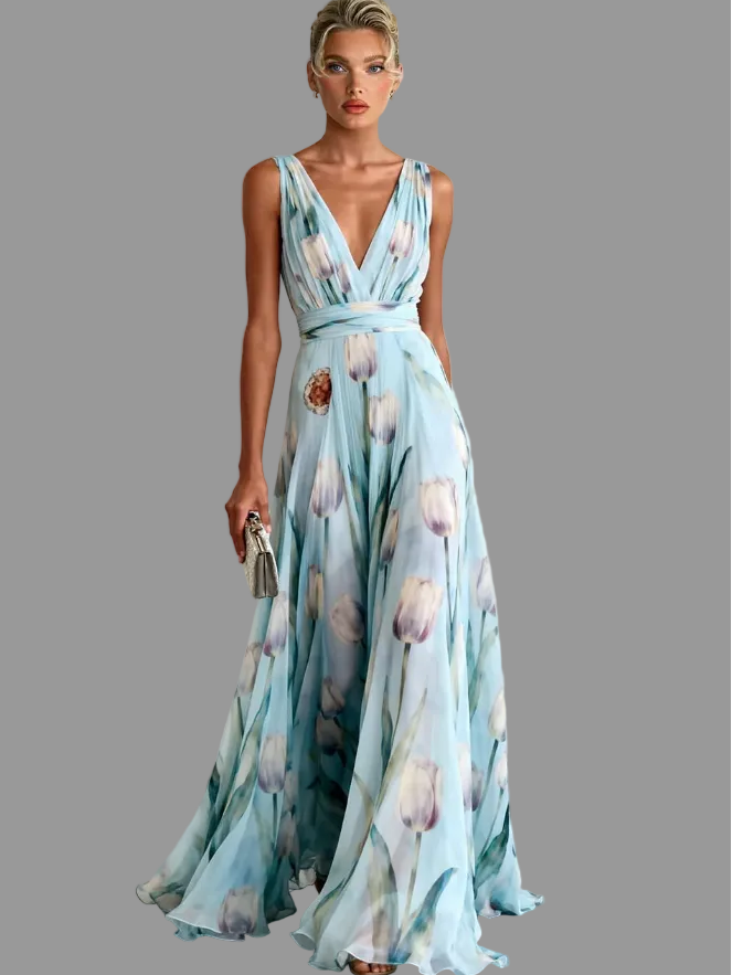 CASSIA | V NECK MAXI DRESS - Blue