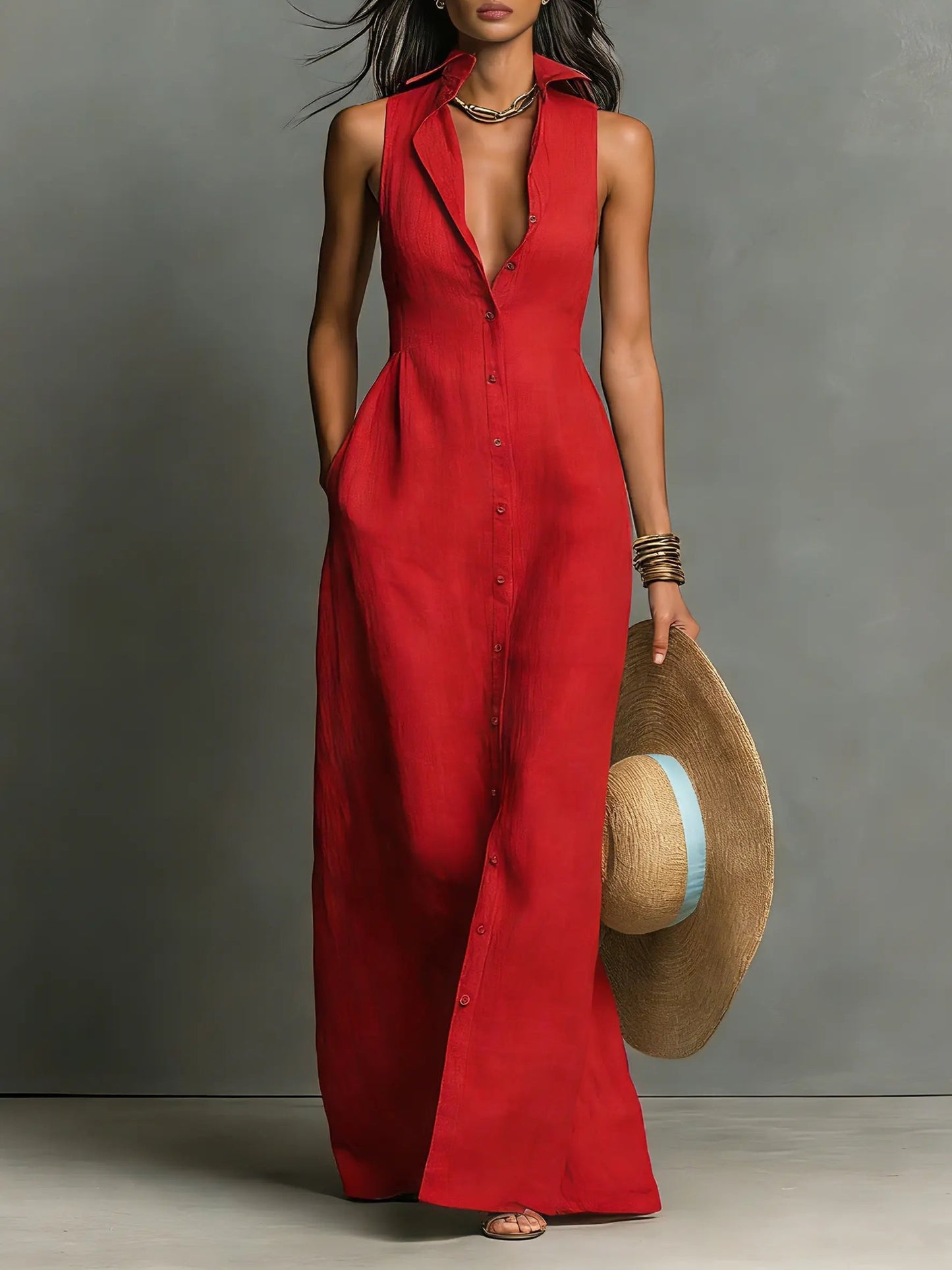 JASMINE | LEATHER MAXI DRESS - Red, front