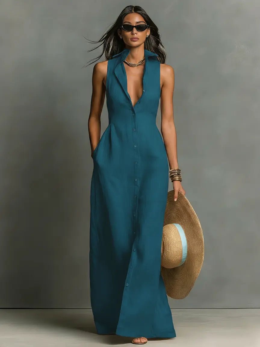 JASMINE | LEATHER MAXI DRESS - Blue, front