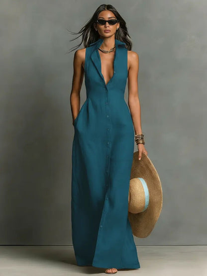 JASMINE | LEATHER MAXI DRESS - Blue, front